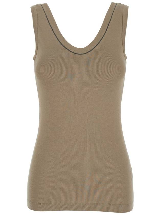 Grey Sleveless Top With Round Neck And Monile Detail On The Neck In Cotton Woman - BRUNELLO CUCINELLI - BALAAN 1