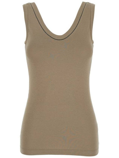 Grey Sleveless Top With Round Neck And Monile Detail On The Neck In Cotton Woman - BRUNELLO CUCINELLI - BALAAN 1