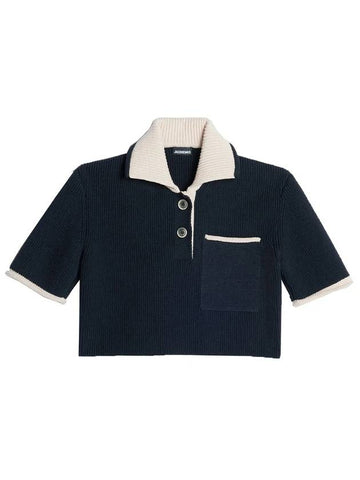 Le Maille Arco Contrasted Cropped Knit Polo Shirt Navy - JACQUEMUS - BALAAN 1