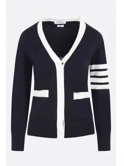 Cotton Hector Pointelle 4 Bar V Neck Cardigan Navy - THOM BROWNE - BALAAN 2