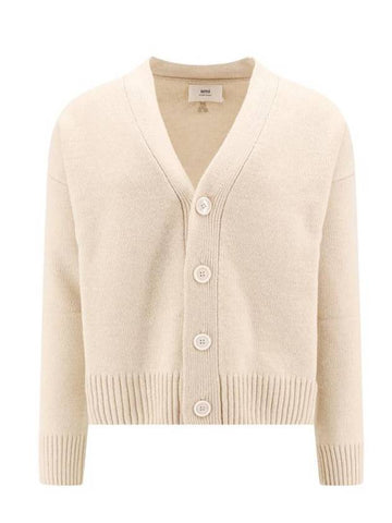 Merino Wool Cashmere Cardigan Beige - AMI - BALAAN 1