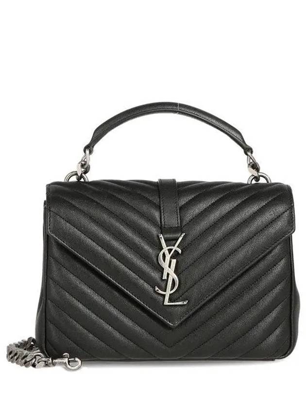 Silver Monogram College Medium Chain Crossbody Bag in Matelasse Leather Black - SAINT LAURENT - BALAAN 2