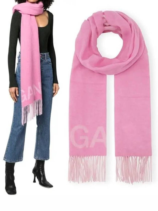 logo wool muffler pink - GANNI - BALAAN.