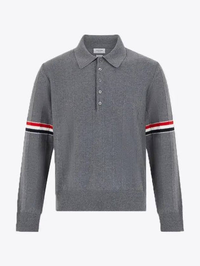 Striped Virgin Wool Long Sleeve Polo Shirt Grey - THOM BROWNE - BALAAN 2