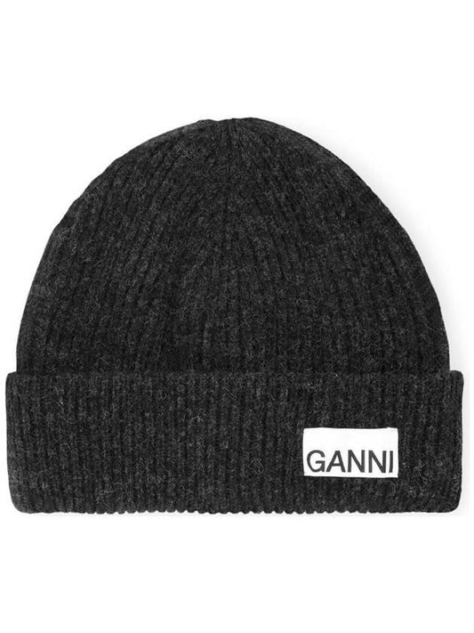 Logo Label Rib Knit Wool Beanie Dark Grey - GANNI - BALAAN 1