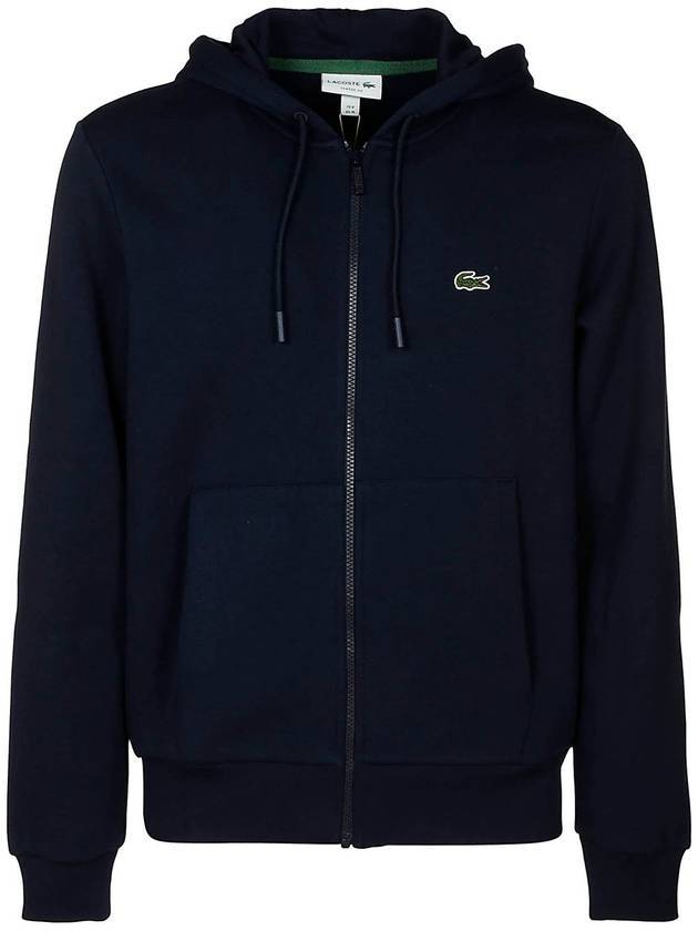 Embroidery Logo Kangaroo Pocket Fleece Zip Up Hoodie Navy - LACOSTE - BALAAN 1