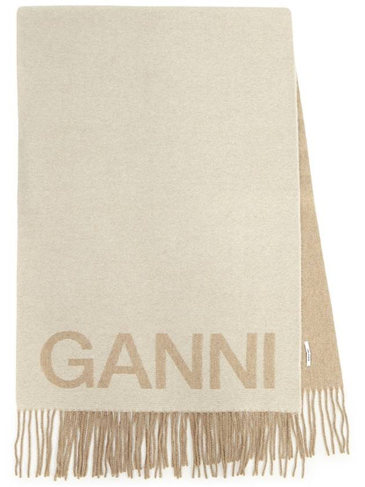 Logo Print Fringe Wool Muffler Beige - GANNI - BALAAN 2