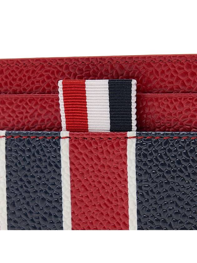 Striped Pebble Grain Leather Single Card Wallet Red - THOM BROWNE - BALAAN 7