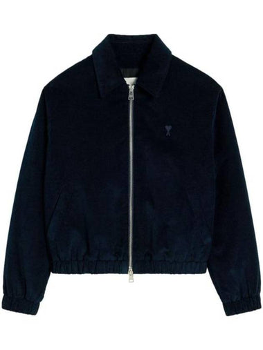 Heart Logo Corduroy Cotton Zip-Up Jacket Navy - AMI - BALAAN 1