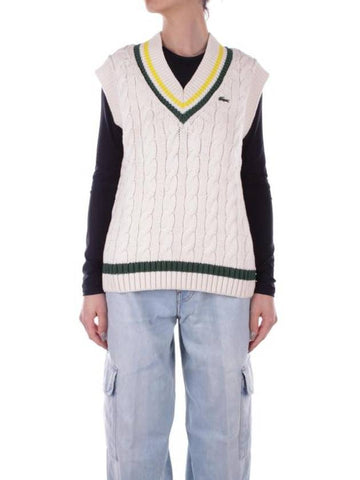 Women's V-Neck Cable Knit Vest White - LACOSTE - BALAAN 1