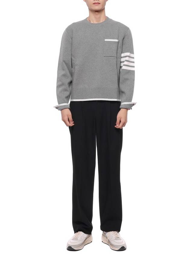 Milano Stitch 4-Bar Boxy Crew Neck Pullover Knit Top Grey - THOM BROWNE - BALAAN 4