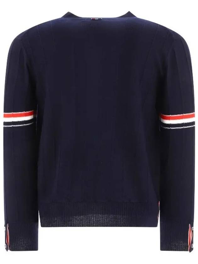 RWB V-neck Striped Virgin Wool Cardigan Navy - THOM BROWNE - BALAAN 3