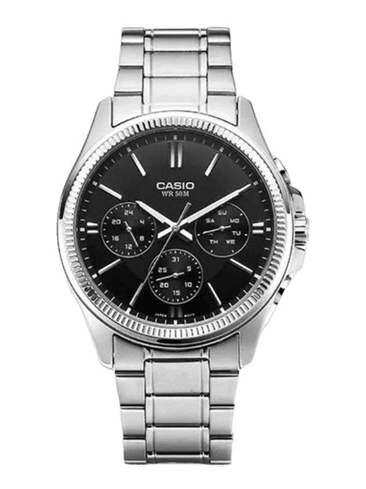 Fluted Bezel Metal Analog Watch Black Silver - CASIO - BALAAN 1