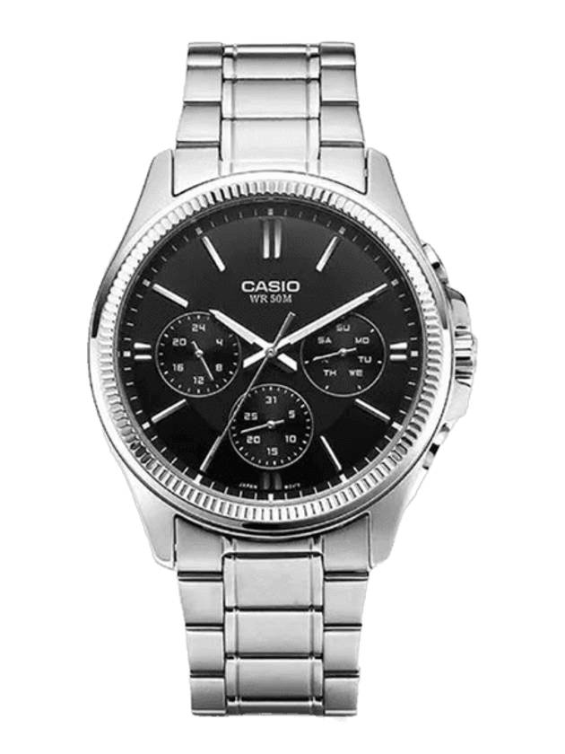 Fluted Bezel Metal Analog Watch Black Silver - CASIO - BALAAN 1