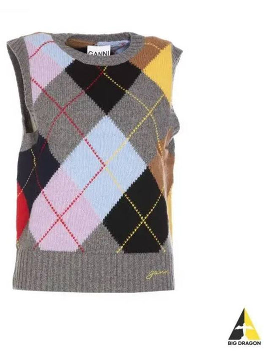 Harlequin Wool Mix Knit Vest Frost Grey - GANNI - BALAAN 2