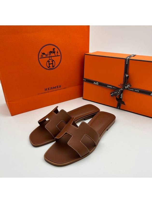 Oran Calfskin Slippers Gold Piqures Ecrues - HERMES - BALAAN 4