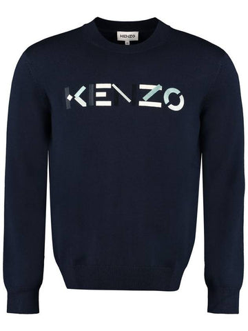 Embroided Logo Crew Neck Knit Top Navy - KENZO - BALAAN 1