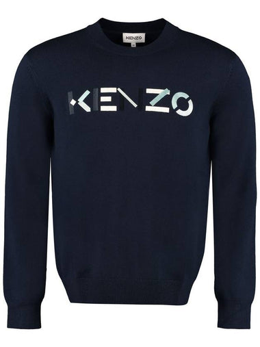 Embroidered logo crew neck knit top navy - KENZO - BALAAN 1