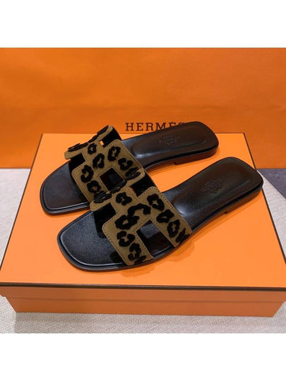 Women s Oran Sandals Calfskin Leopard Skin Black Brown - HERMES - BALAAN 2