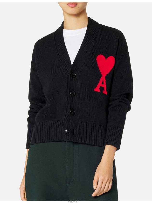 Big Heart Embroidered Logo Cardigan Pale Black - AMI - BALAAN 3