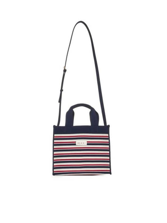 Logo Patch Striped Jacquard Tote Bag Navy - MARNI - BALAAN 1