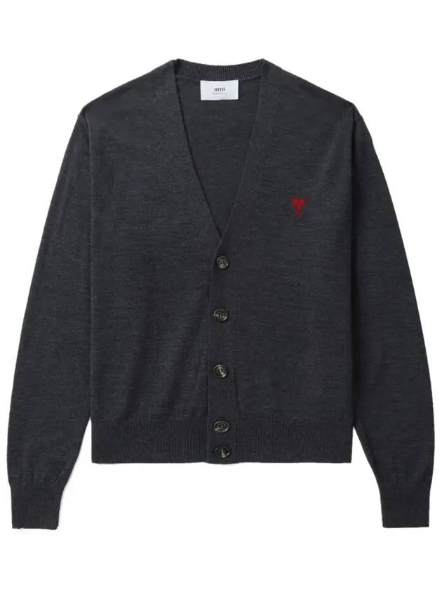 Red Heart Logo Merino Wool Cardigan Heather Grey - AMI - BALAAN 2