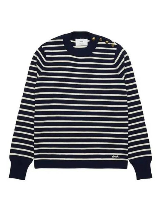 Striped Crewneck Knit Top Nautic Blue White - AMI - BALAAN 2