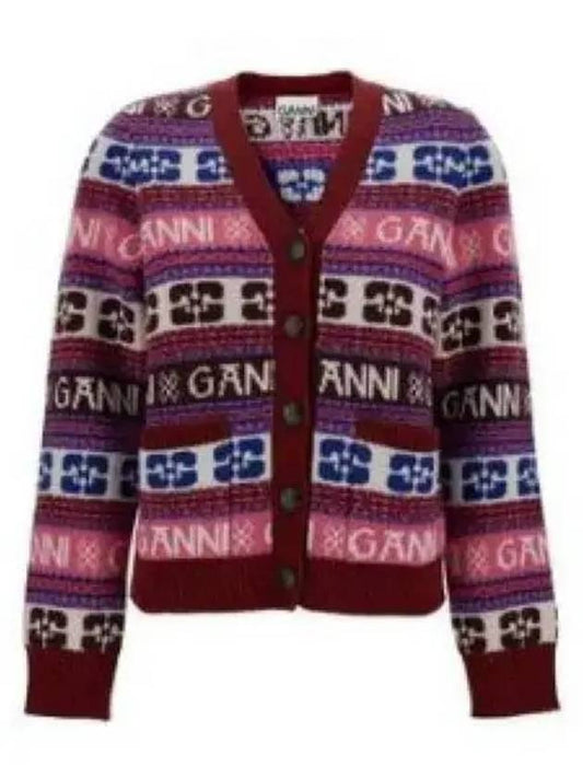 Intarsia Logo V-Neck Wool Mix Cardigan Pink - GANNI - BALAAN 2