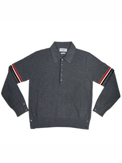 Striped Virgin Wool Long Sleeve Polo Shirt Grey - THOM BROWNE - BALAAN 2