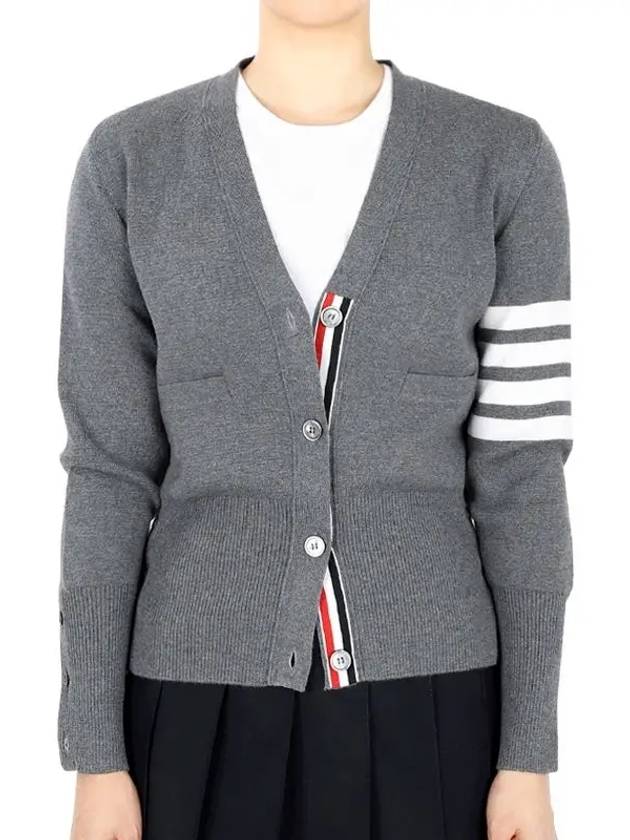 Milano Stitch 4 Bar Classic V Neck Fine Merino Wool Cardigan Medium Grey - THOM BROWNE - BALAAN 2