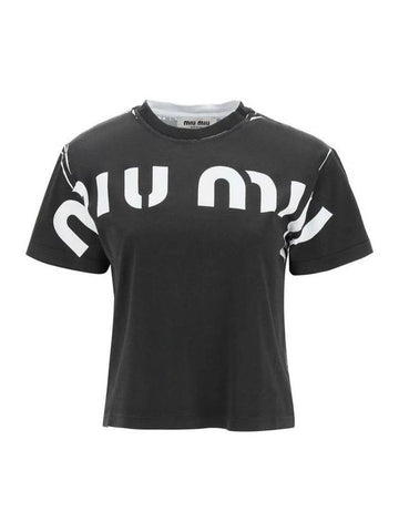 Logo Print Cotton Short Sleeve T-Shirt Black - MIU MIU - BALAAN 1