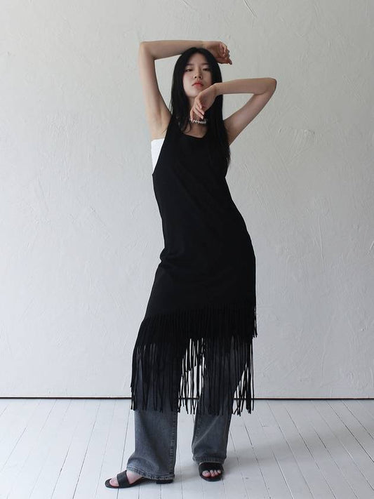 Layered Fringe Jersey Dress BLACK - RUBATI - BALAAN 2