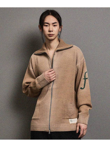 Vintage Washing F Logo Zip-Up Cardigan Beige - FFEFF STUDIO - BALAAN 1