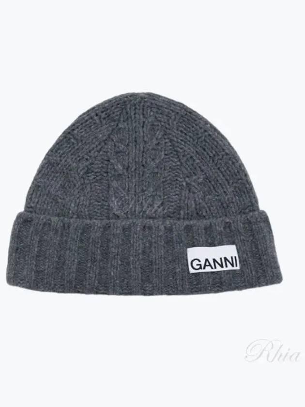 Logo Cable Knit Beanie Grey - GANNI - BALAAN 2