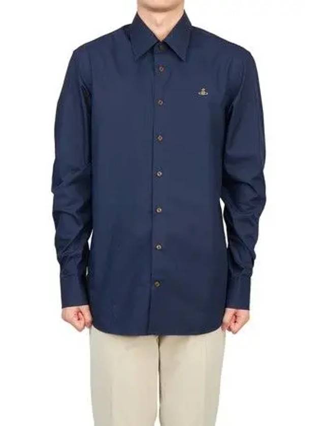 Men's Embroidered ORB Long Sleeve Shirt Navy - VIVIENNE WESTWOOD - BALAAN 2