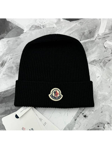 Logo Patch Wool Beanie Black 3B70500 A9342 999 - MONCLER - BALAAN 1