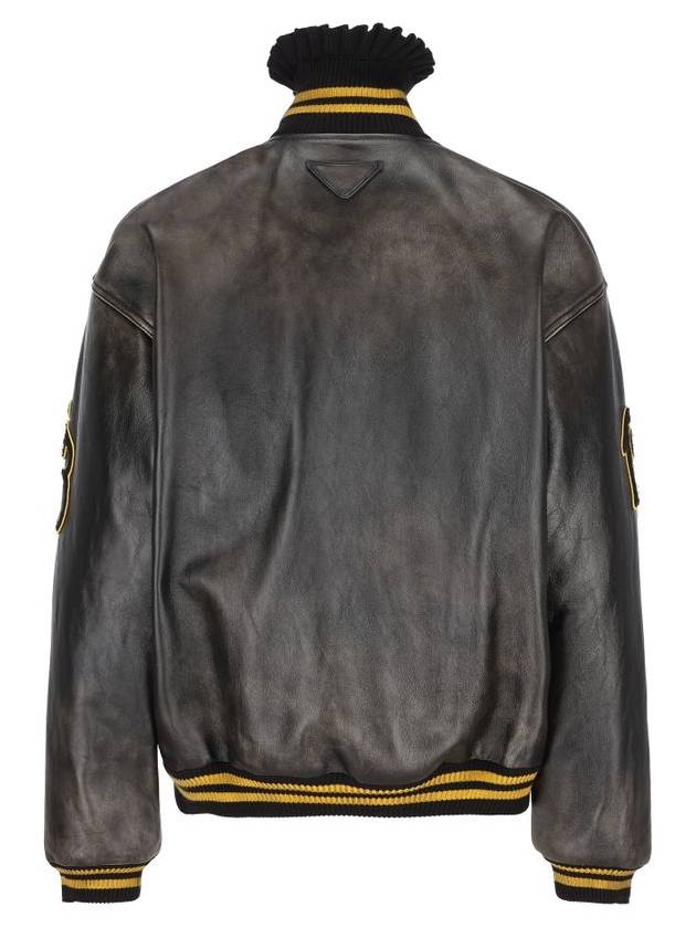 Logo Leather Bomber Jacket Black - PRADA - BALAAN 3