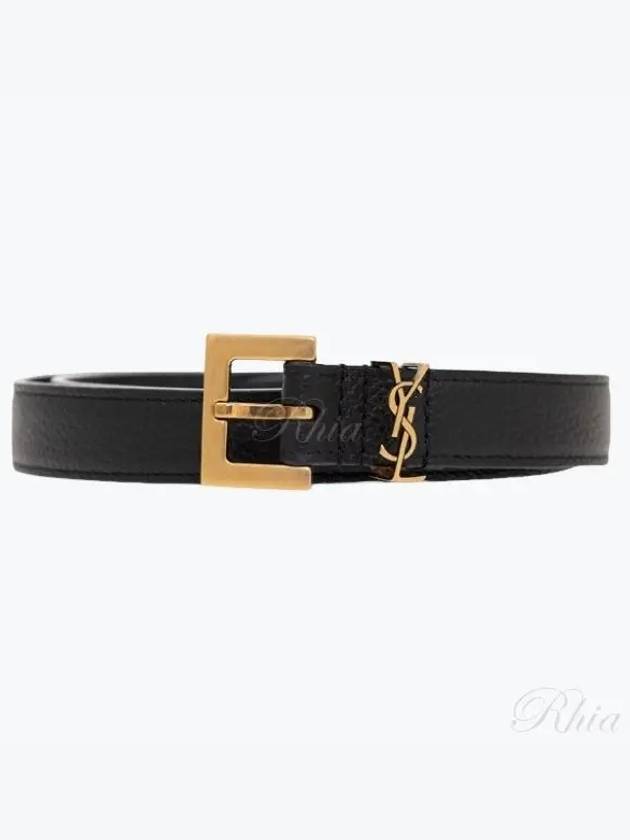 Cassandre Grained Leather Square Buckle Thin Belt Black - SAINT LAURENT - BALAAN 2