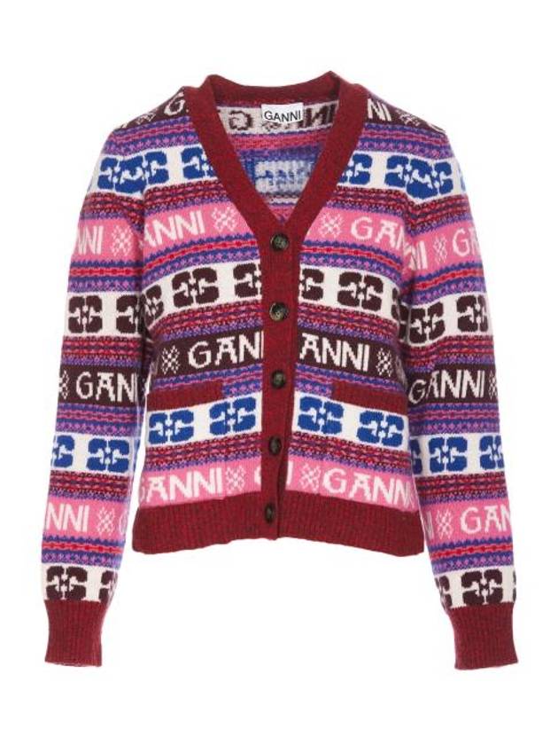 Intarsia Logo V-Neck Wool Mix Cardigan Pink - GANNI - BALAAN 2