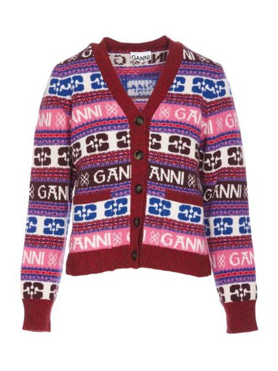 Intarsia Logo V-Neck Wool Mix Cardigan Pink - GANNI - BALAAN 2