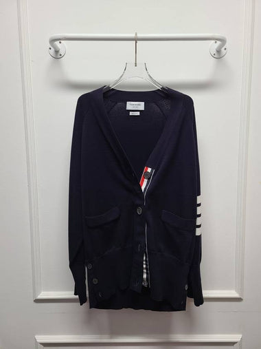 Navy diagonal cotton sleeve V neck cardigan 38 - THOM BROWNE - BALAAN 1