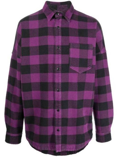 Logo Print Check Long Sleeve Shirt Purple - PALM ANGELS - BALAAN 1