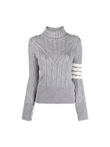 Women's 4 Bar Irish Pointelle Cable Merino Wool Turtleneck Grey - THOM BROWNE - BALAAN 1