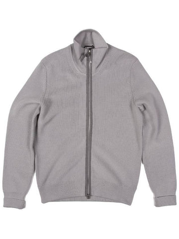 leather trim wool zip-up jacket gray - TOM FORD - BALAAN.