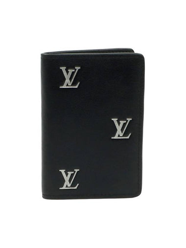 Black Grain Calfskin Silver LV Logo Pocket Organizer Card Holder - LOUIS VUITTON - BALAAN 1