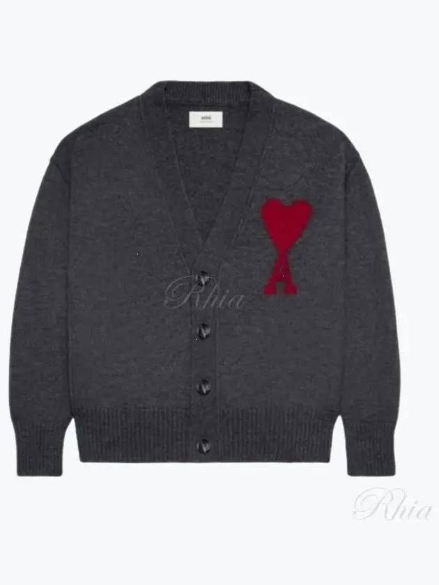 Heart Logo V Neck Wool Cardigan Heather Grey - AMI - BALAAN 2