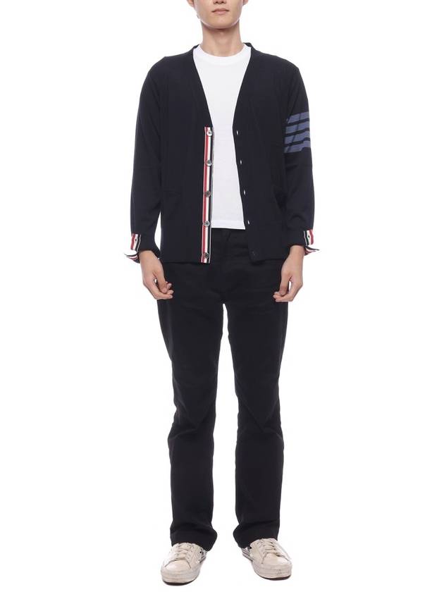 4-Bar Stripe Sustainable Merino Wool Cardigan Navy - THOM BROWNE - BALAAN 4