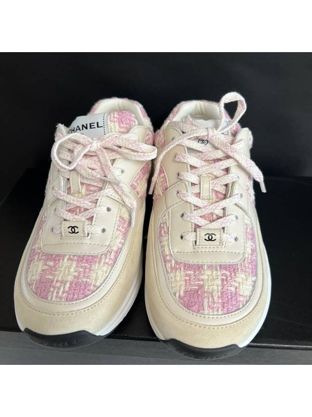 CC Logo Cotton Tweed Suede Calfskin Low Top Sneakers Pink Ecru - CHANEL - BALAAN 5