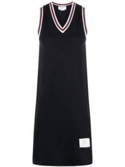 Women's Classic Pique Stripe V-Neck Cotton Tennis Dress Navy - THOM BROWNE - BALAAN 2