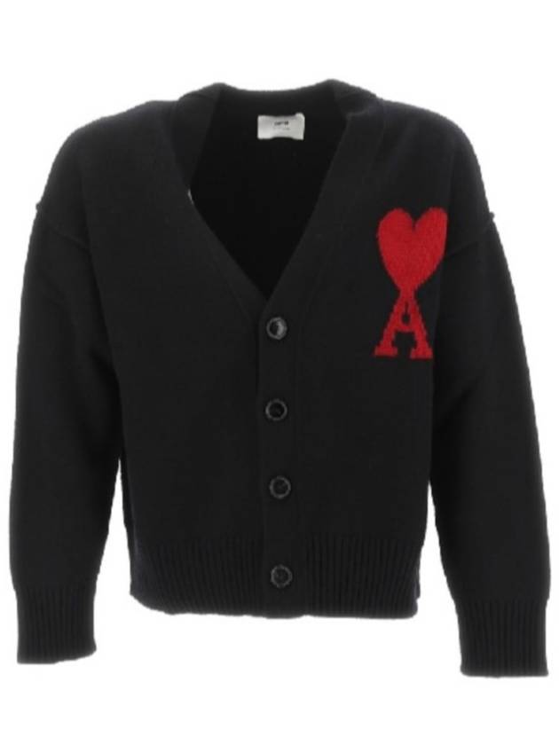 Heart Logo V Neck Wool Cardigan Black - AMI - BALAAN 3